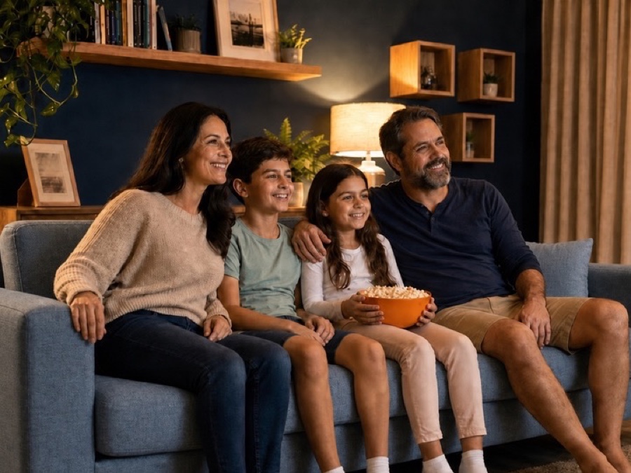 Família assistindo a um filme em casa