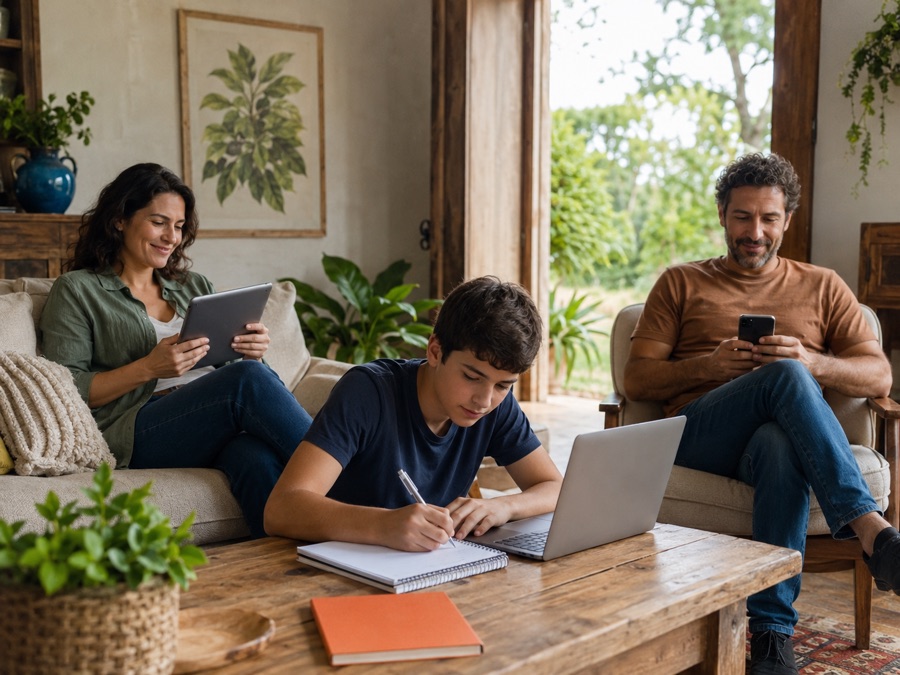 Família usando internet em casa
