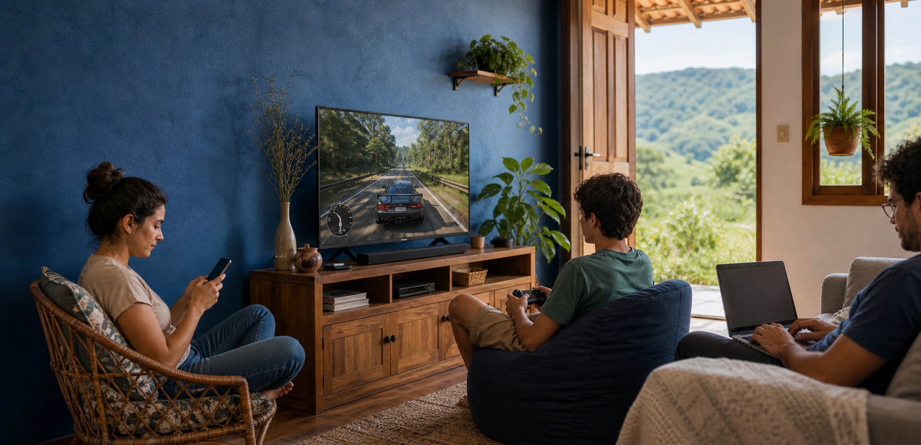 Família conectada em casa: celular, videogame e notebook