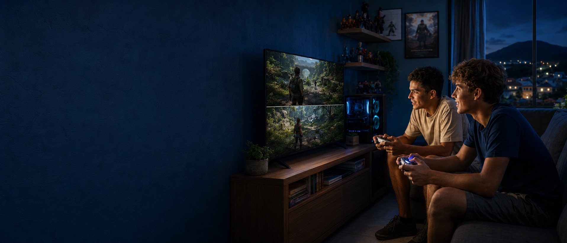 Dois amigos jogando videogame juntos em casa
